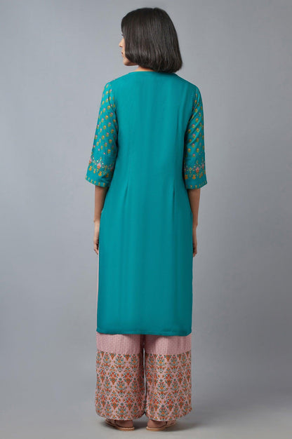 Teal Green Angrakha kurta with Sequin and Bead Work - wforwoman
