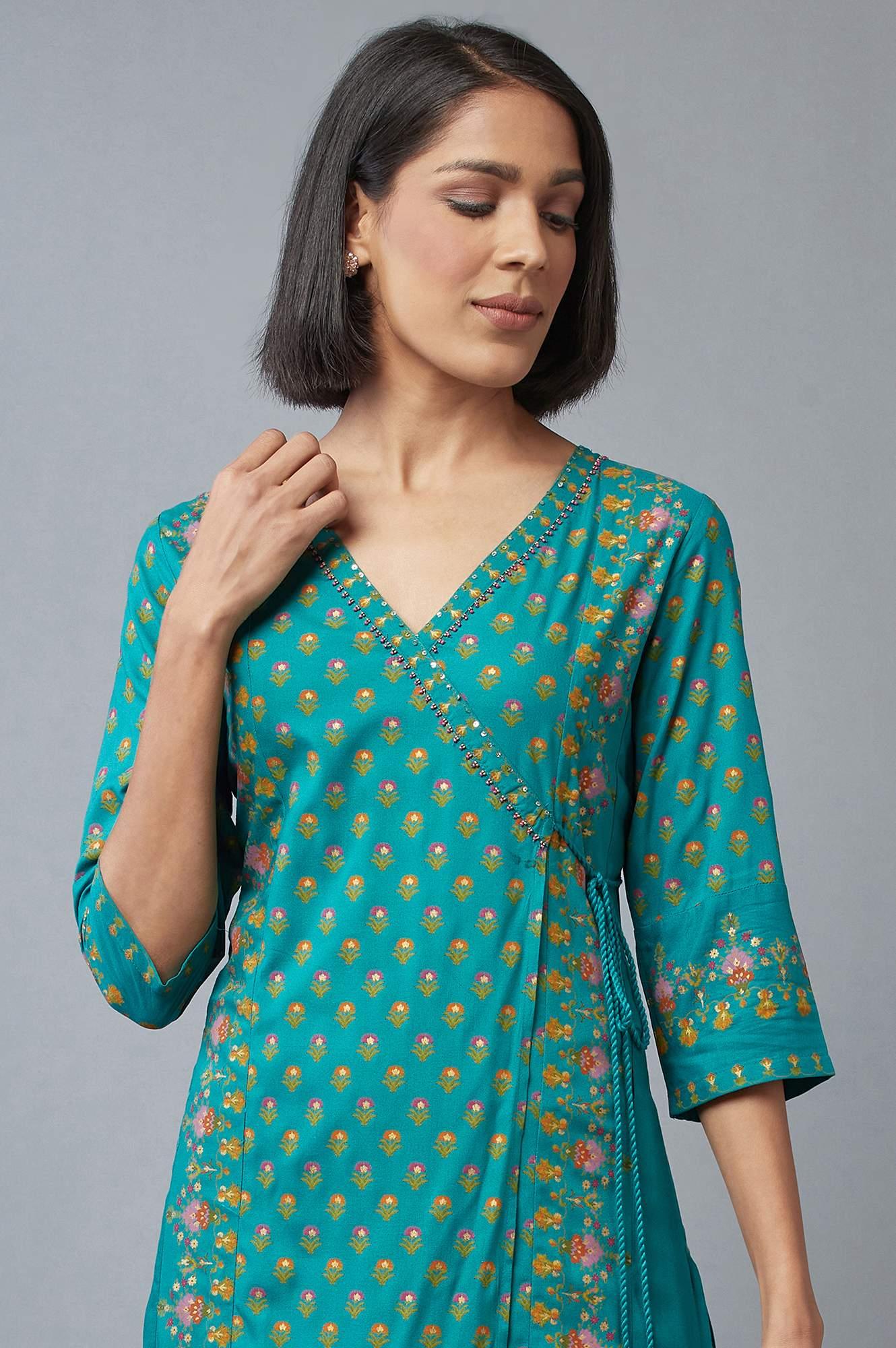 Teal Green Angrakha kurta with Sequin and Bead Work - wforwoman