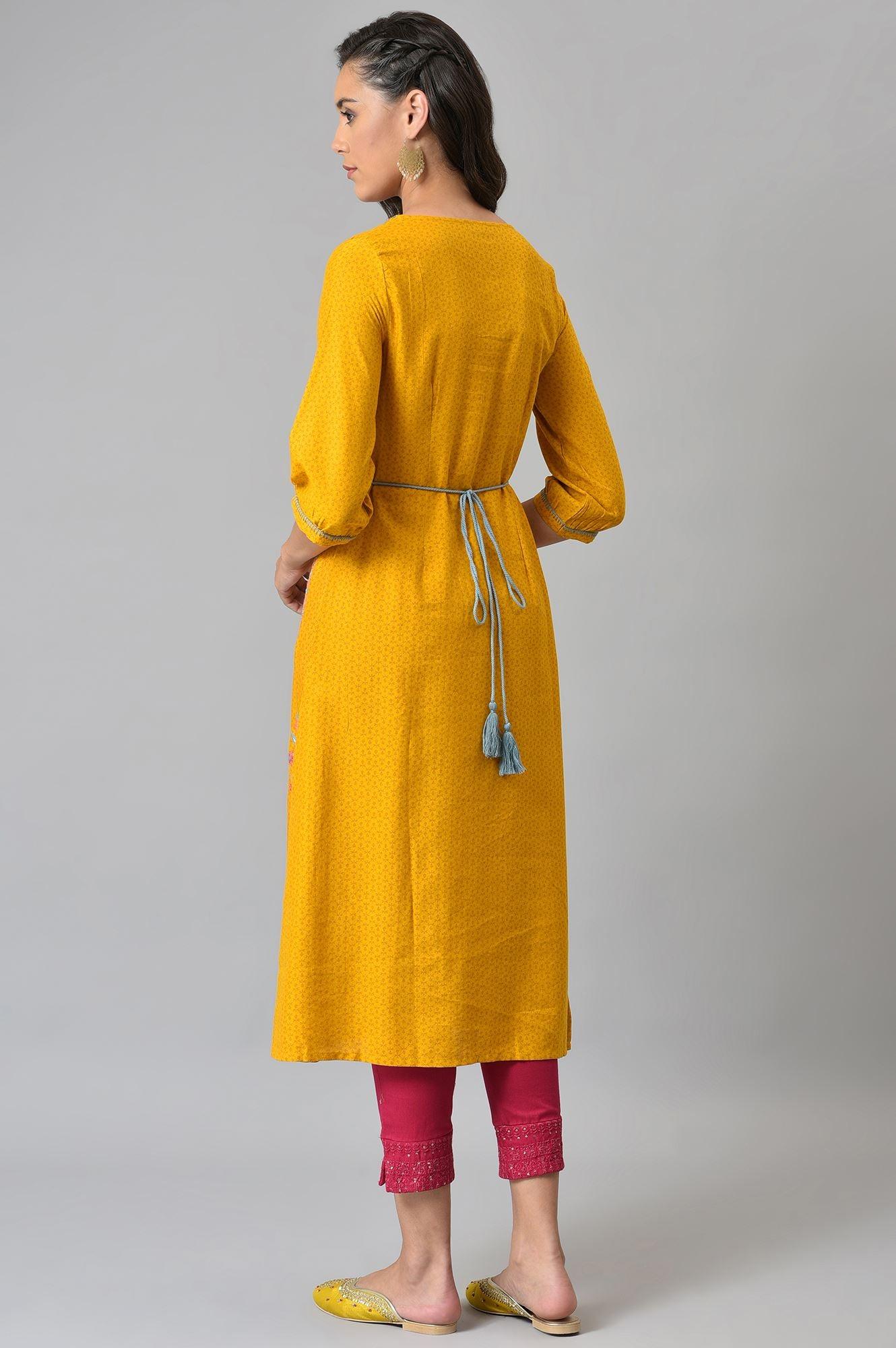 Mustard Yellow A-Line Printed kurta With Embroidery - wforwoman