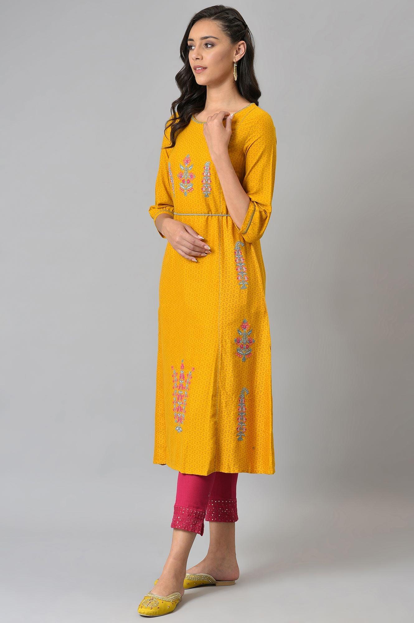 Mustard Yellow A-Line Printed kurta With Embroidery - wforwoman