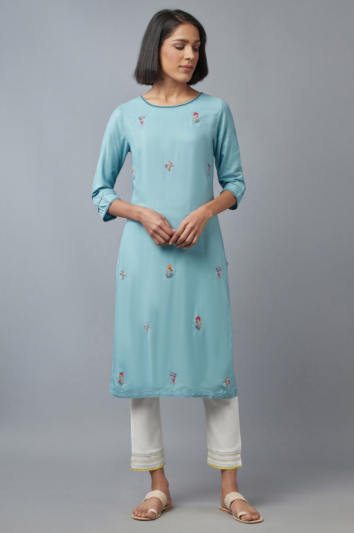 Aqua Blue Embroidered kurta with Lace Details - XS