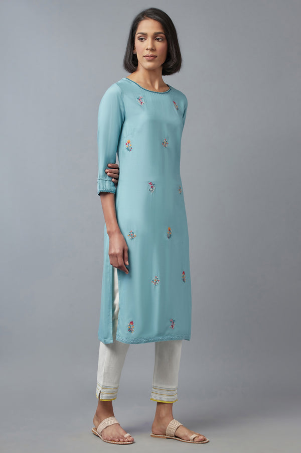 Aqua Blue Embroidered kurta with Lace Details