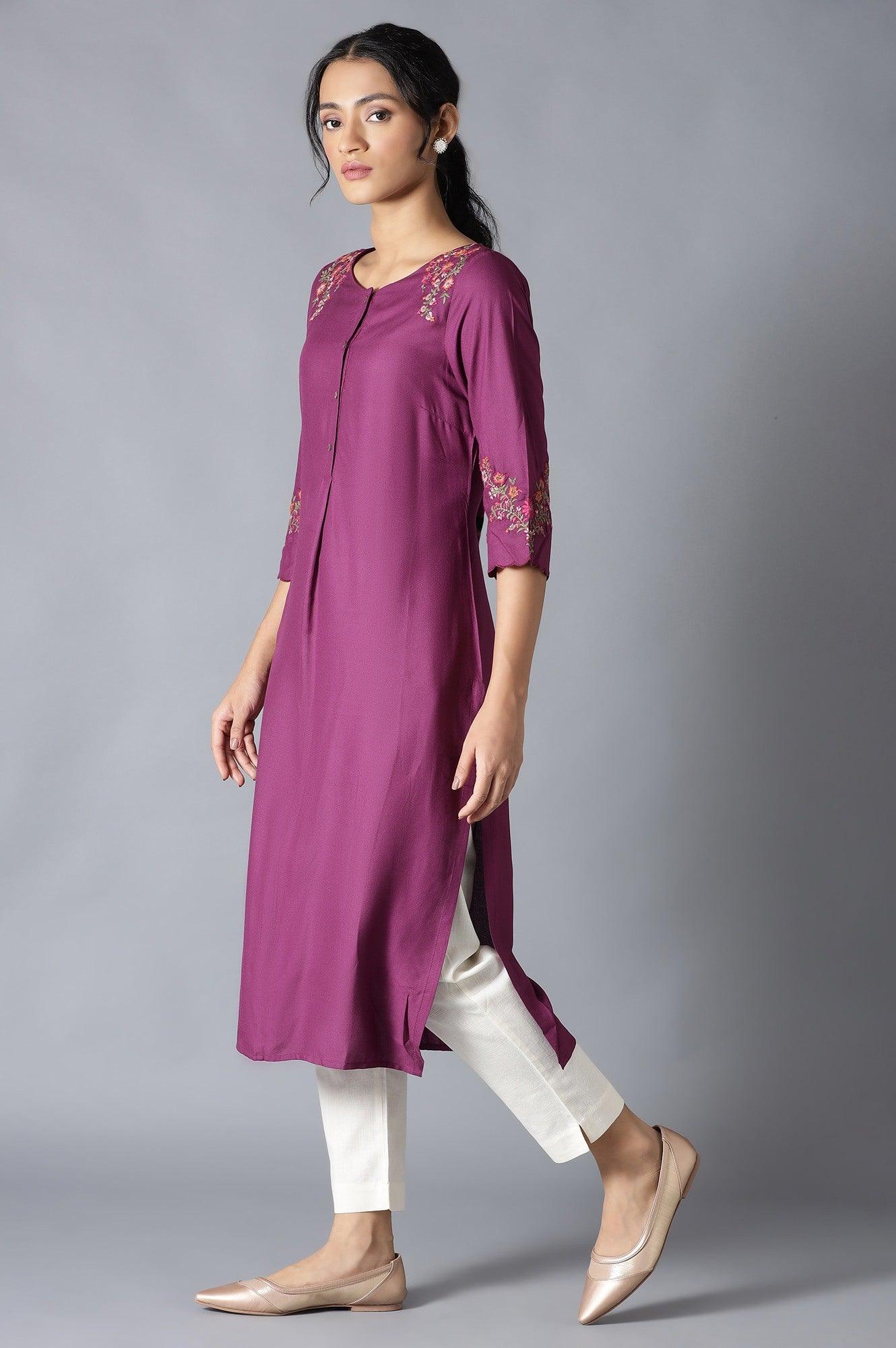 Dark Purple Solid kurta With Embroidery - wforwoman
