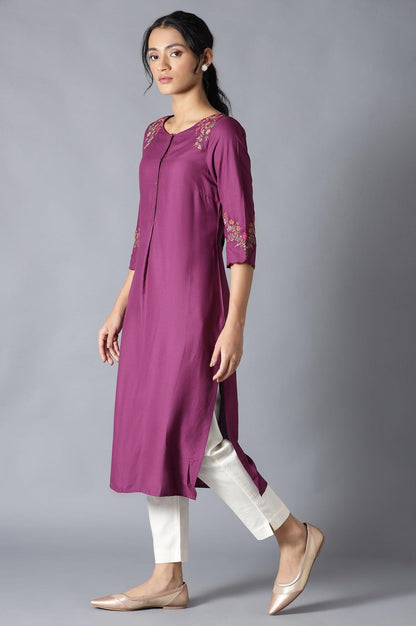Dark Purple Solid kurta With Embroidery - wforwoman