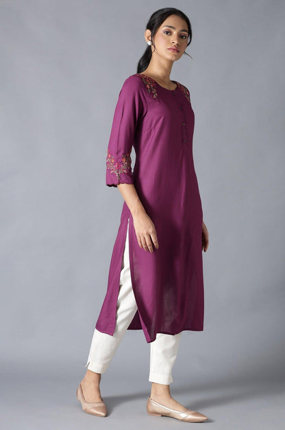 Dark Purple Solid kurta With Embroidery - wforwoman