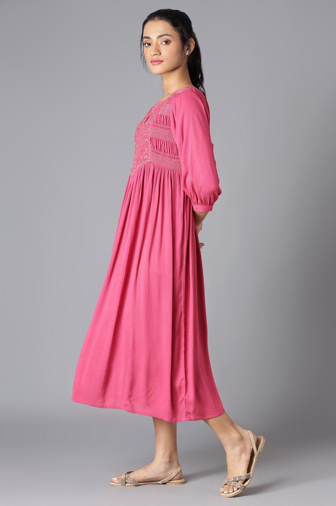 Dark Pink Flared Dress With Thread Embroidery - wforwoman