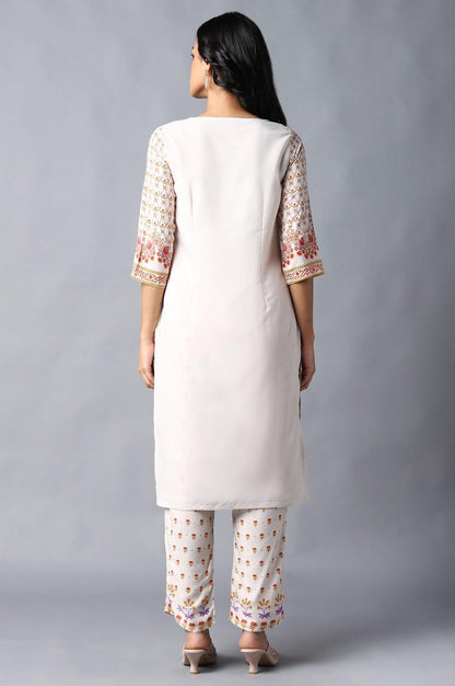 Ecru Round Neck kurta With Multicoloured Floral Print - wforwoman
