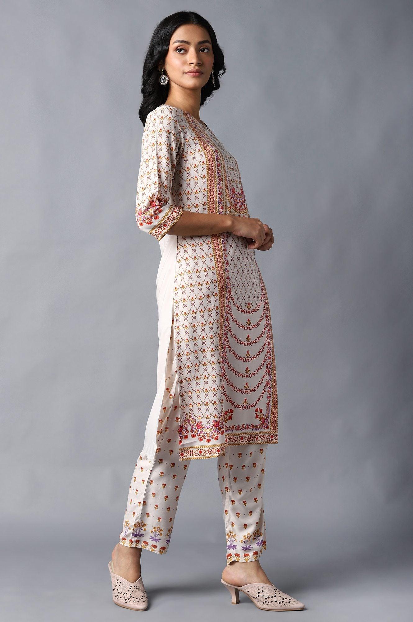 Ecru Round Neck kurta With Multicoloured Floral Print - wforwoman