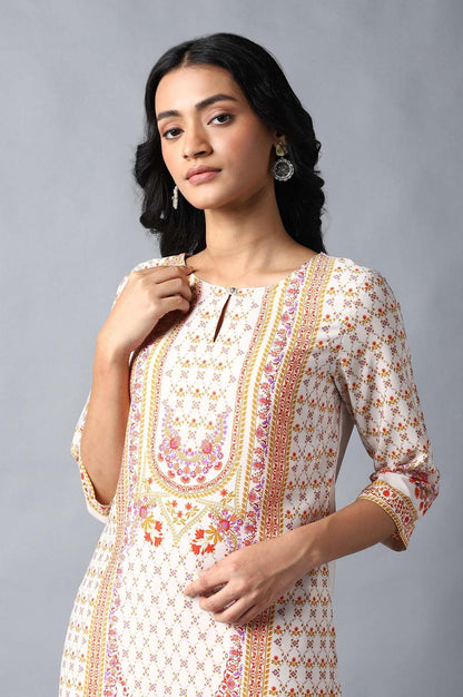 Ecru Round Neck kurta With Multicoloured Floral Print - wforwoman