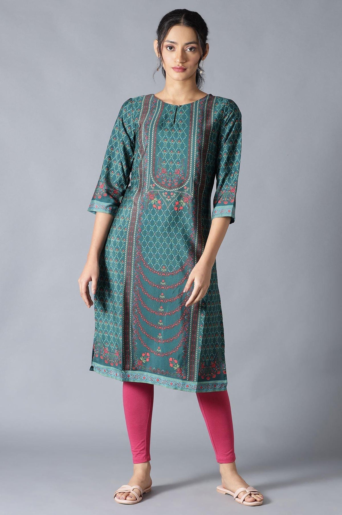 Dark Green Round Neck kurta With Multicoloured Floral Print - XS