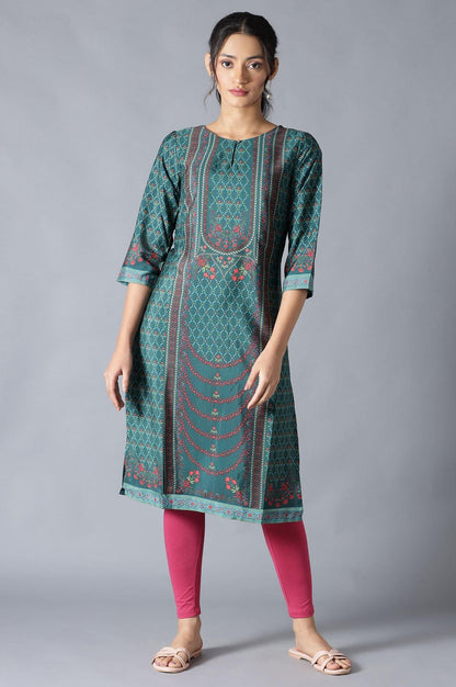 Dark Green Round Neck kurta With Multicoloured Floral Print - wforwoman