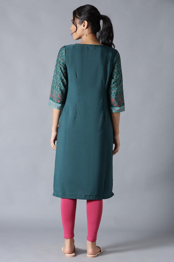 Dark Green Round Neck kurta With Multicoloured Floral Print
