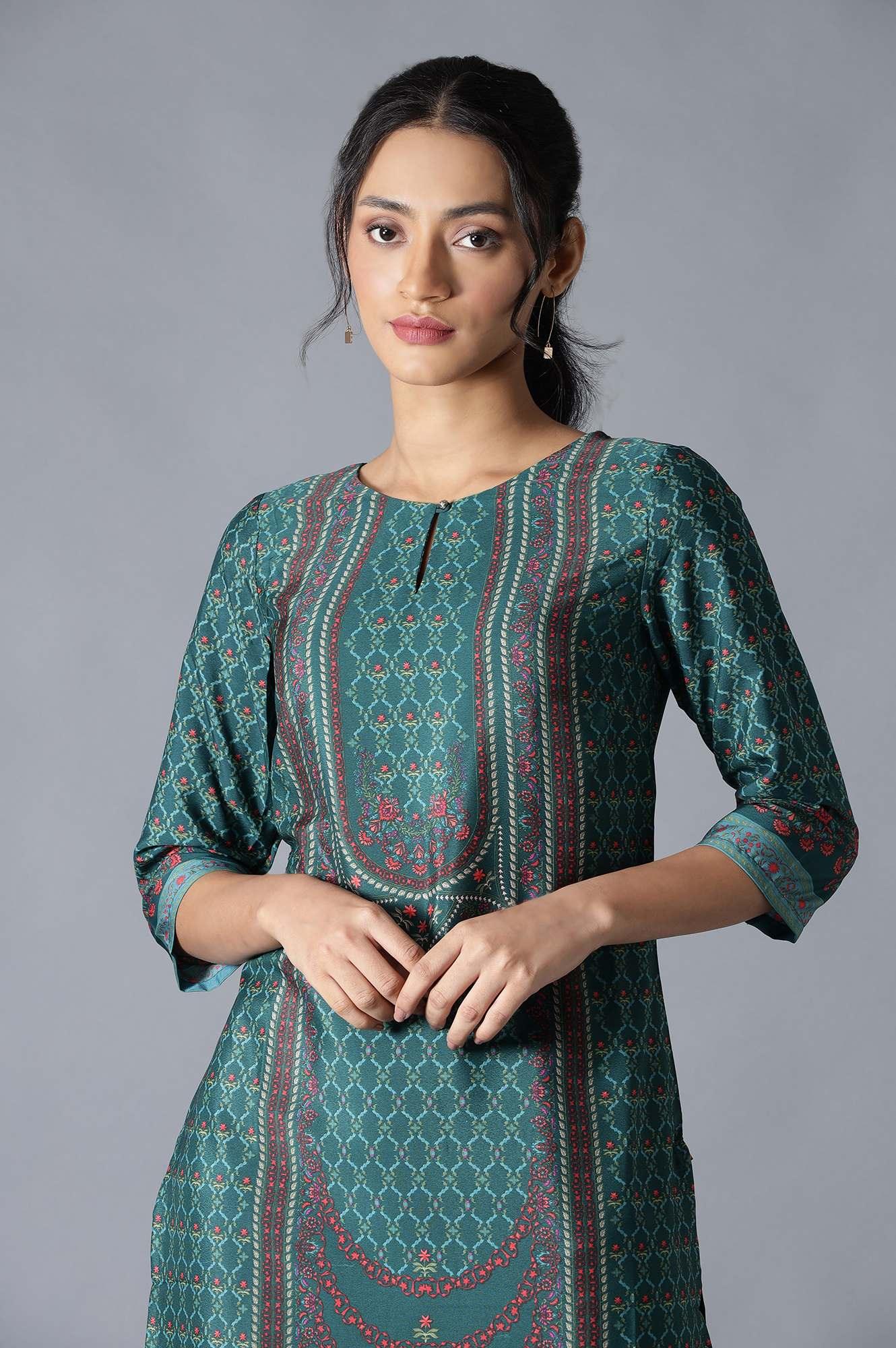 Dark Green Round Neck kurta With Multicoloured Floral Print - wforwoman