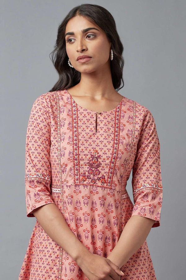 Pink Printed A-Line kurta With Thread Embroidery