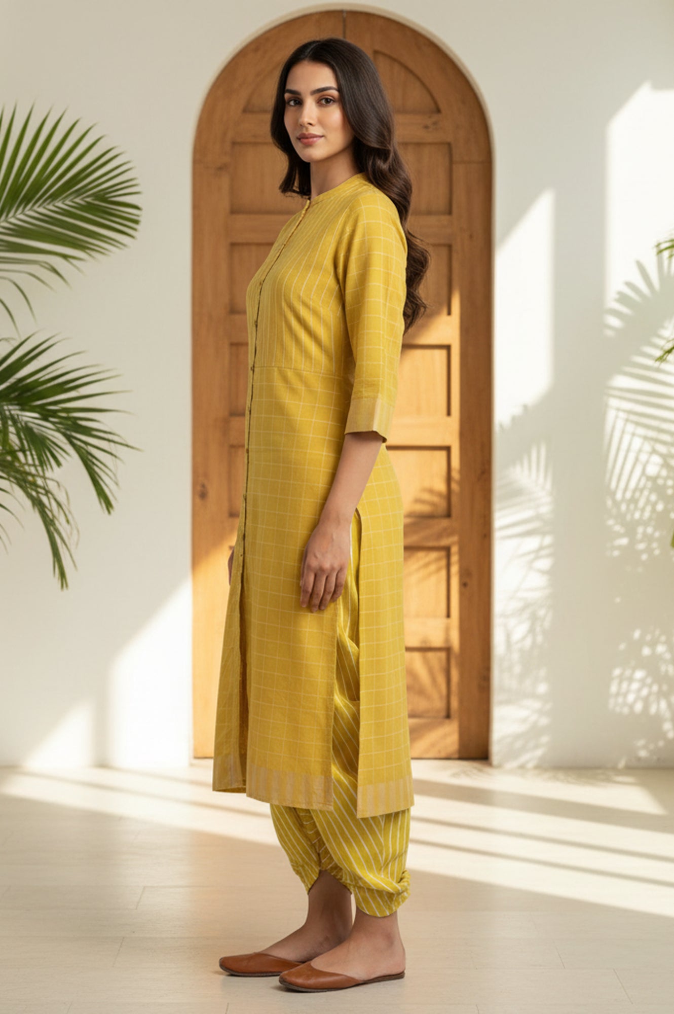 Yellow Stripe Printed Pure Cotton Mandarin Collar Straight Kurta
