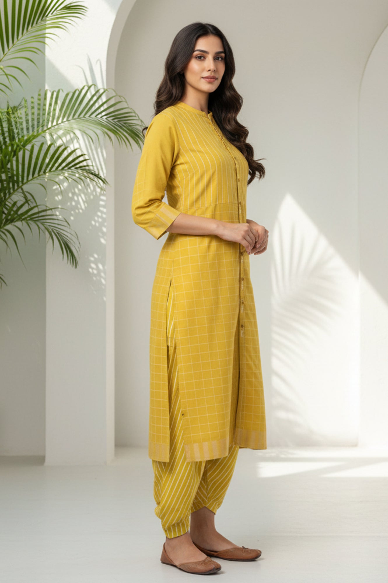 Yellow Stripe Printed Pure Cotton Mandarin Collar Straight Kurta