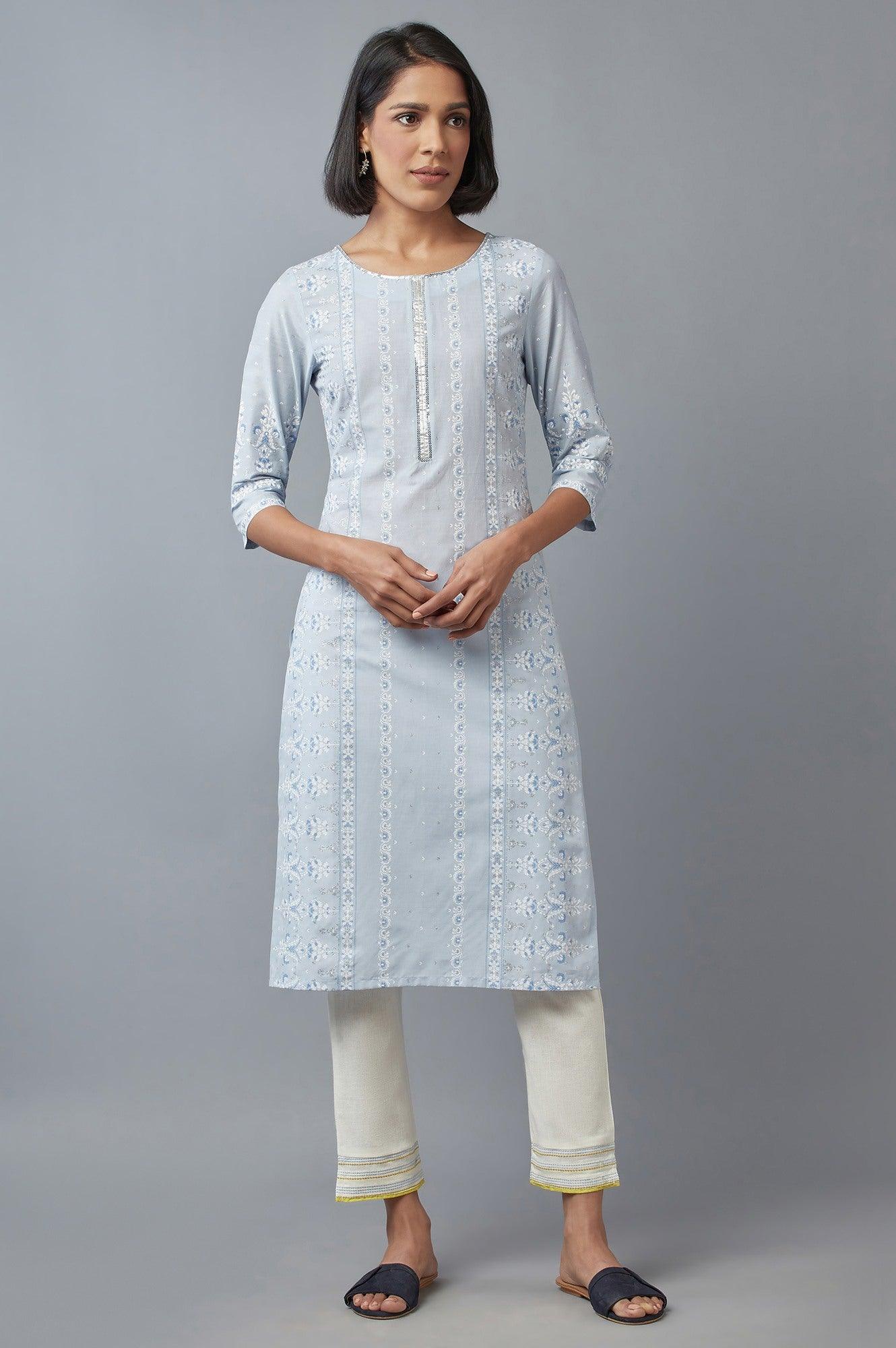 Blue Printed kurta with Sequins - wforwoman