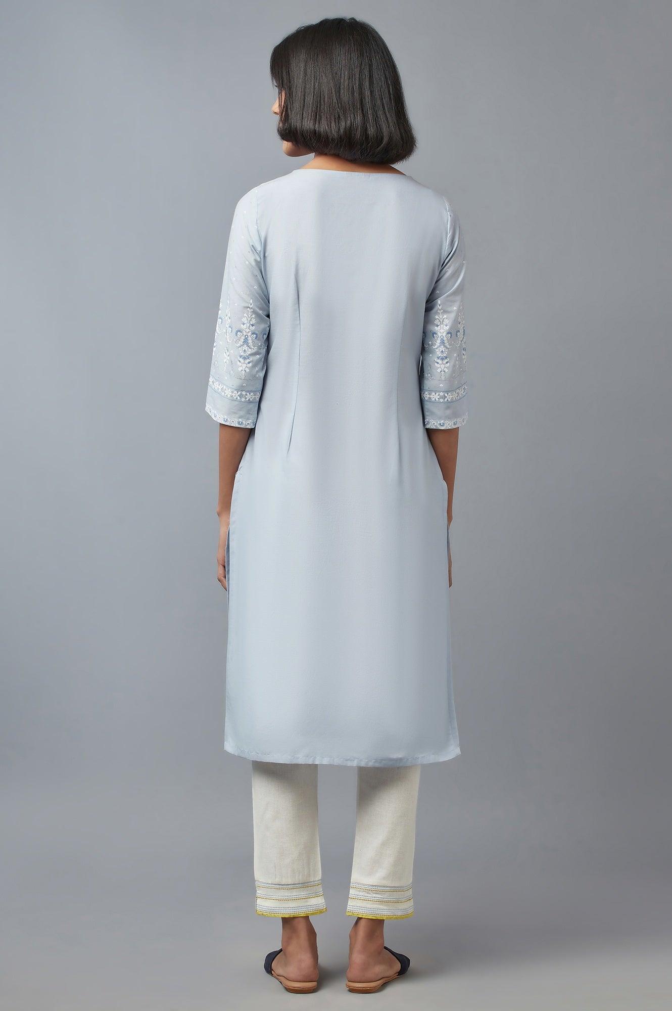 Blue Printed kurta with Sequins - wforwoman