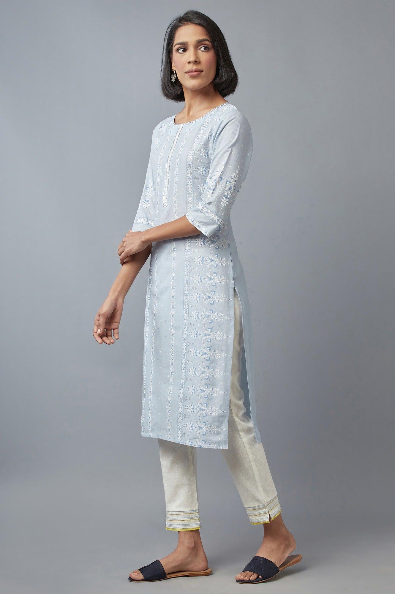 Blue Printed kurta with Sequins - wforwoman