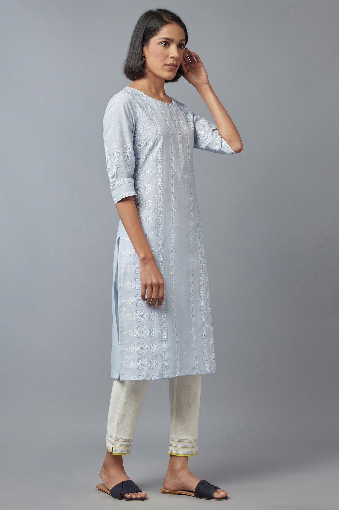 Blue Printed kurta with Sequins - wforwoman