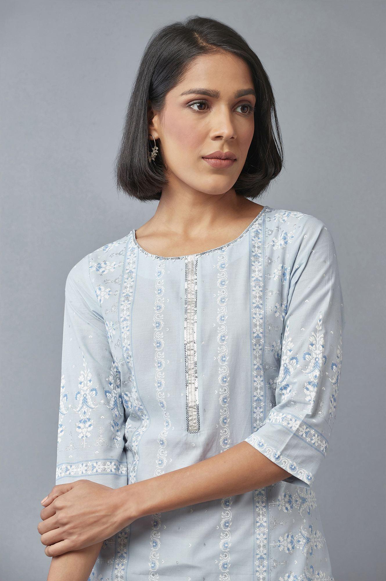 Blue Printed kurta with Sequins - wforwoman