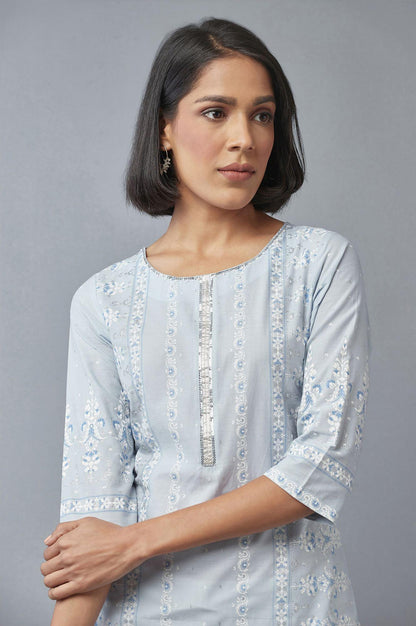 Blue Printed kurta with Sequins - wforwoman