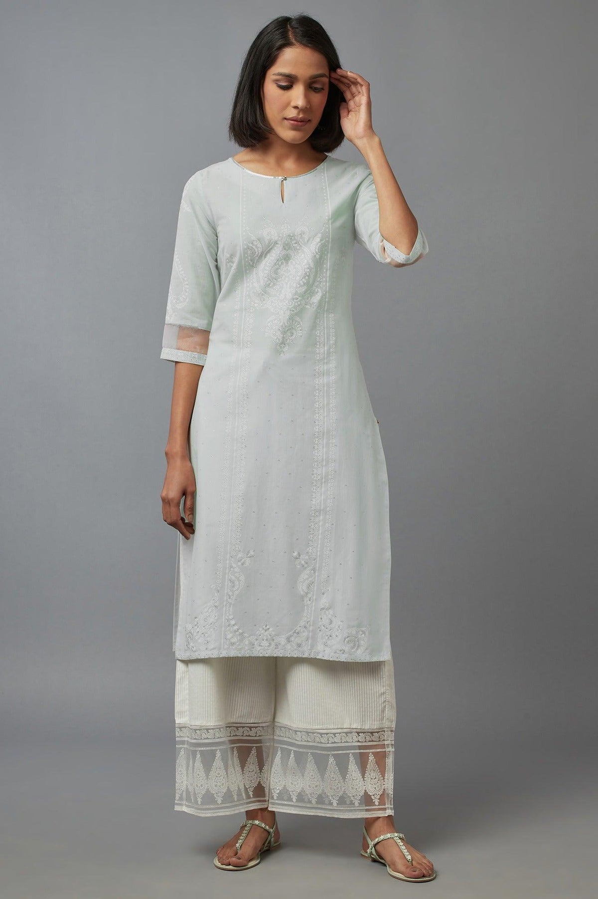 Subtle Green Printed kurta with Sequins - XS
