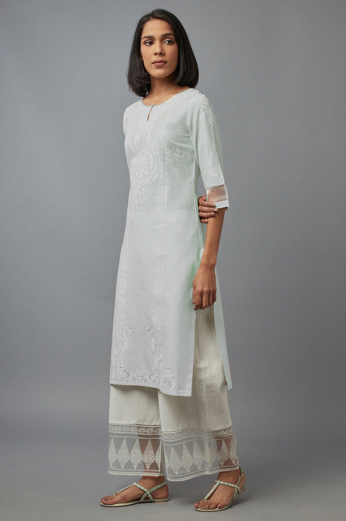 Subtle Green Printed kurta with Sequins - wforwoman
