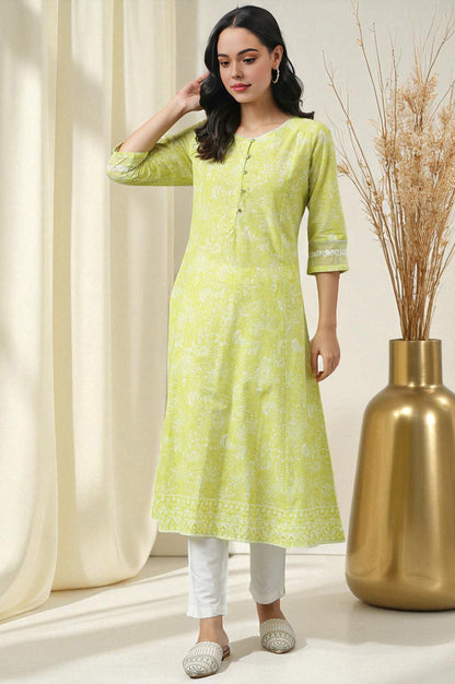 Yellow Floral Printed Pure Cotton A-Line Kurta
