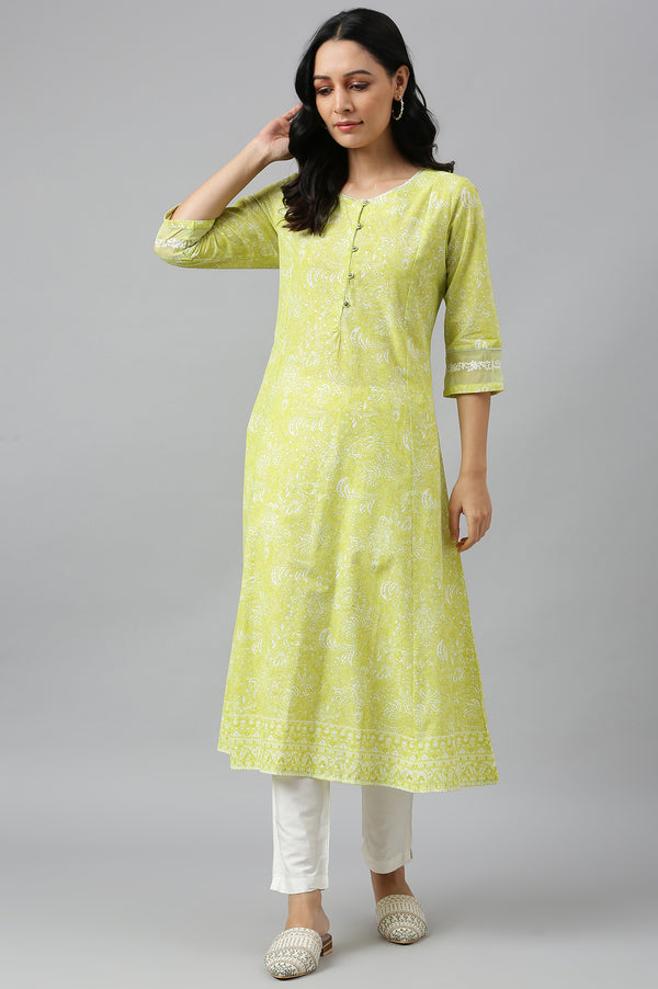 Yellow Floral Printed Pure Cotton A-Line Kurta