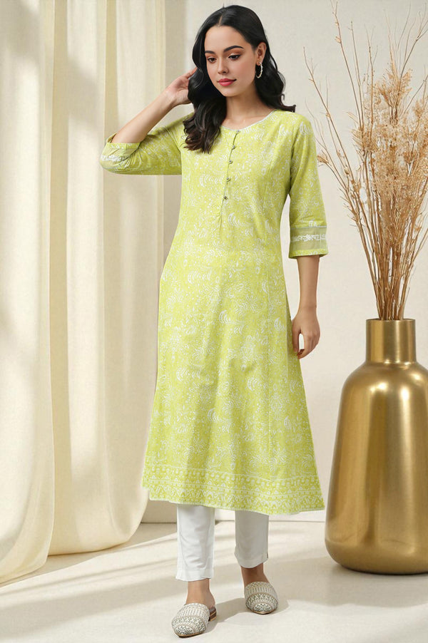 Yellow Floral Printed Pure Cotton A-Line Kurta