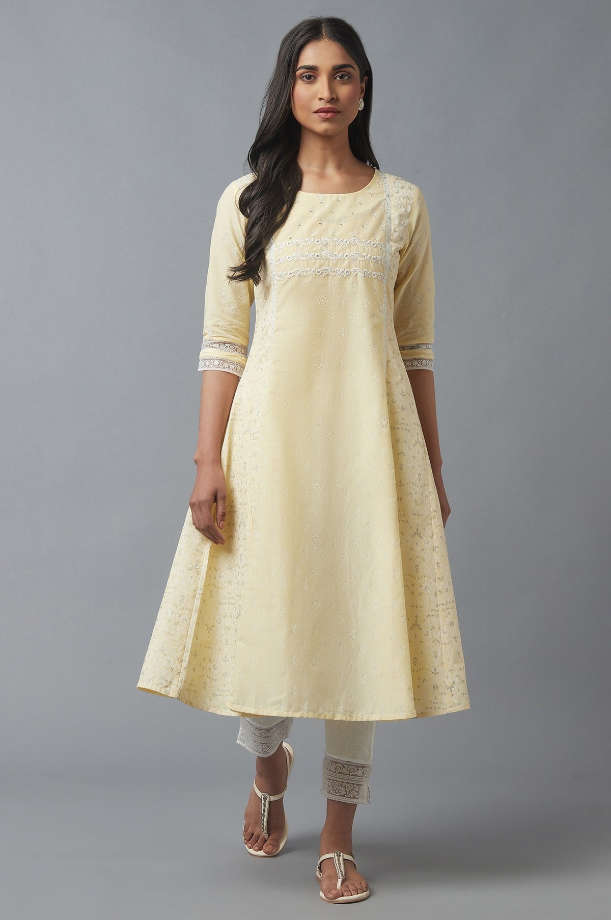 Yellow Printed kurta with Embroidery - XS