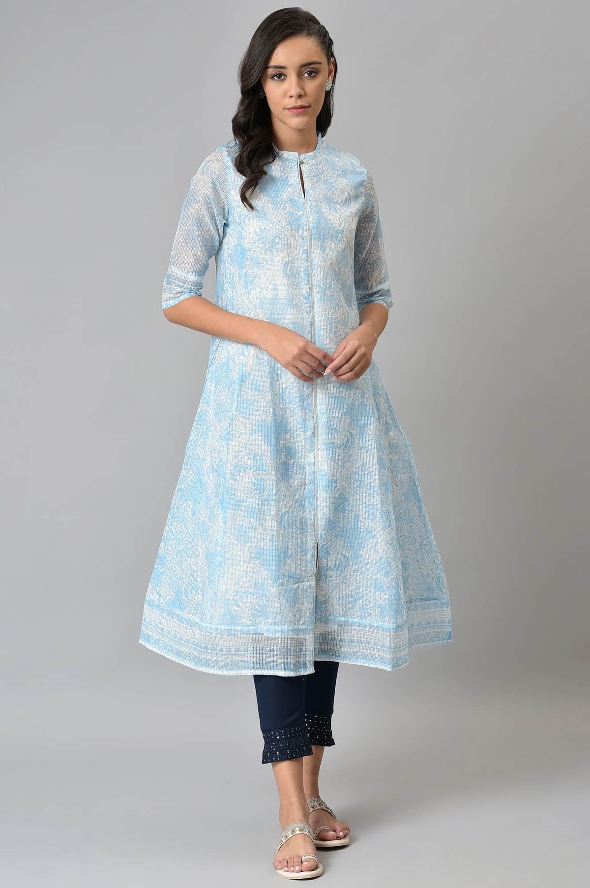 Blue And Ecru Printed Kota kurta - XS