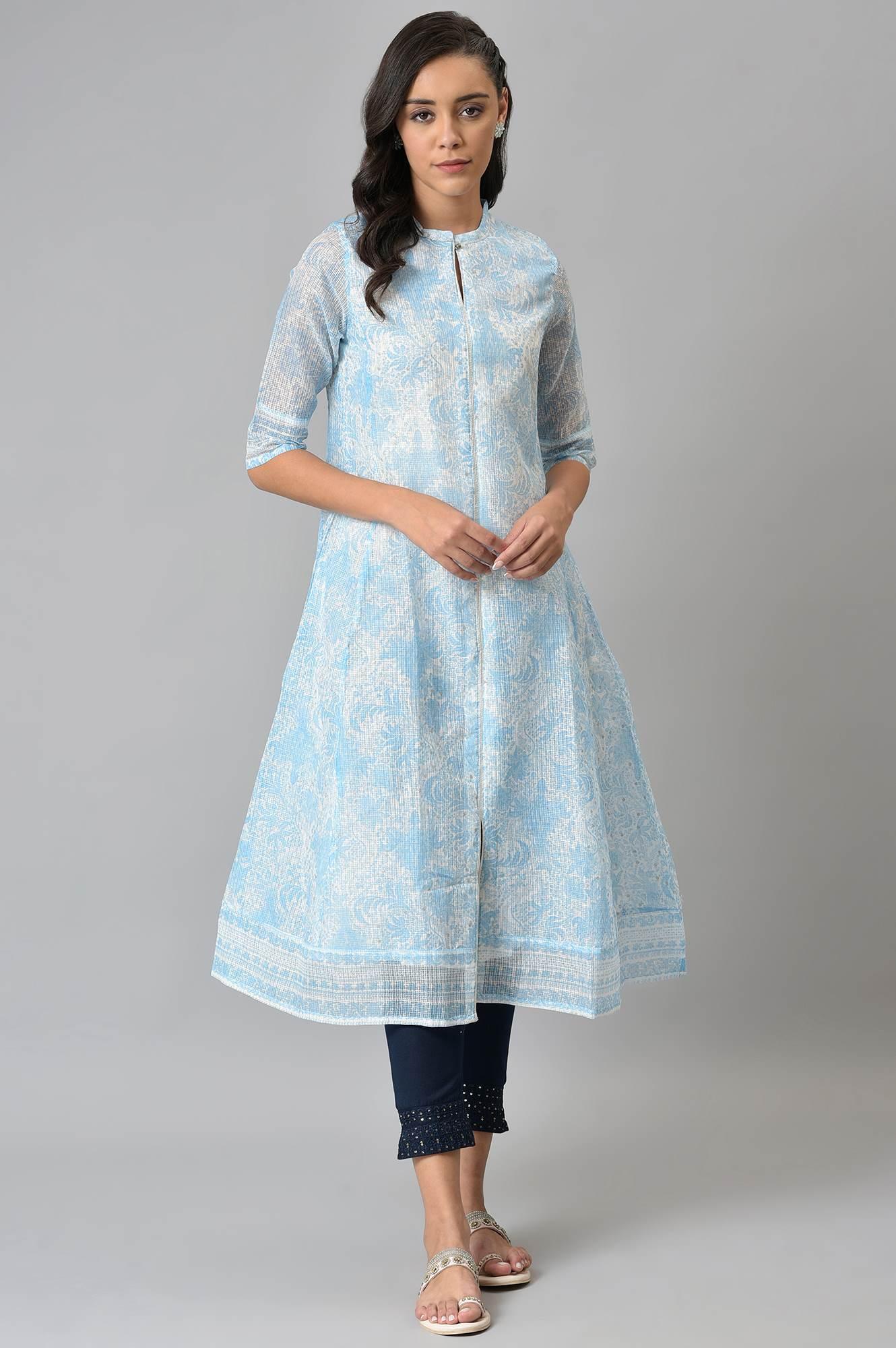 Blue And Ecru Printed Kota kurta - wforwoman