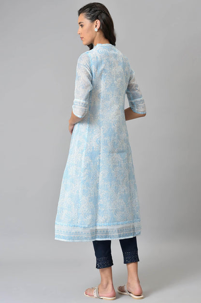 Blue And Ecru Printed Kota kurta - wforwoman