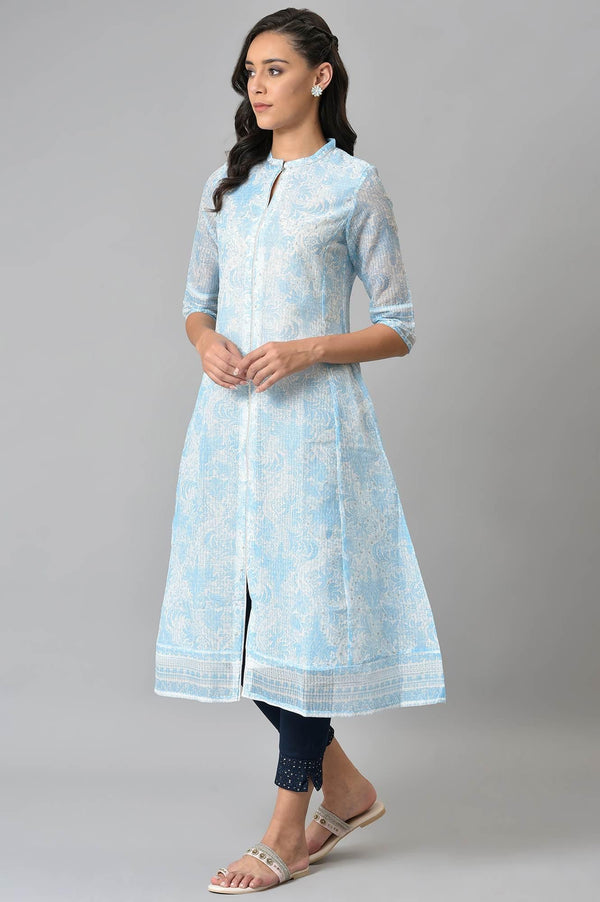 Blue And Ecru Printed Kota kurta
