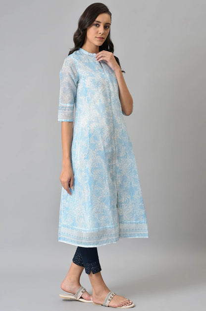 Blue And Ecru Printed Kota kurta - wforwoman