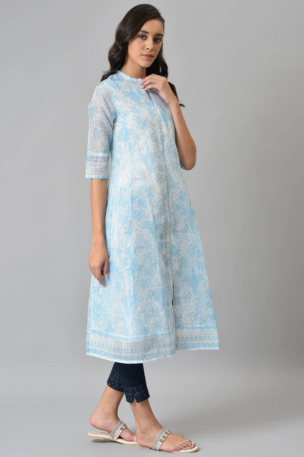 Blue And Ecru Printed Kota kurta