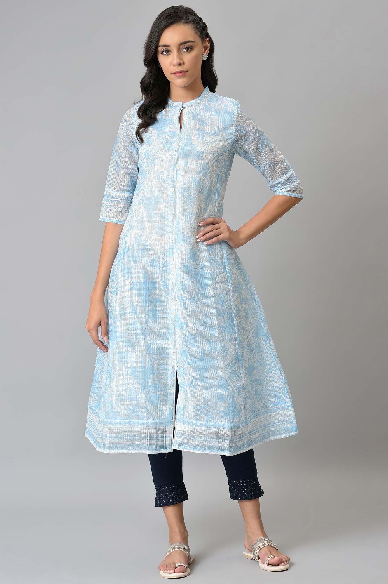 Blue And Ecru Printed Kota kurta - wforwoman