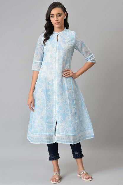 Blue And Ecru Printed Kota kurta - wforwoman