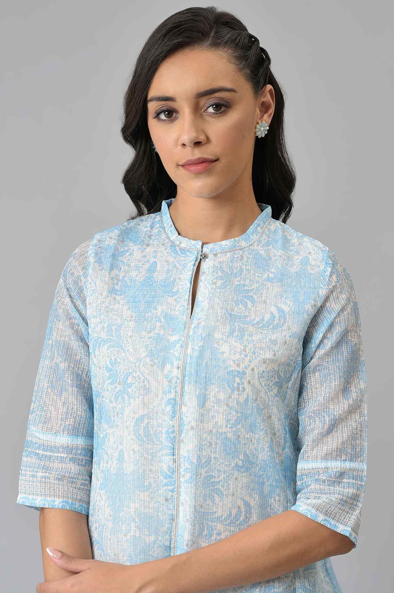 Blue And Ecru Printed Kota kurta - wforwoman