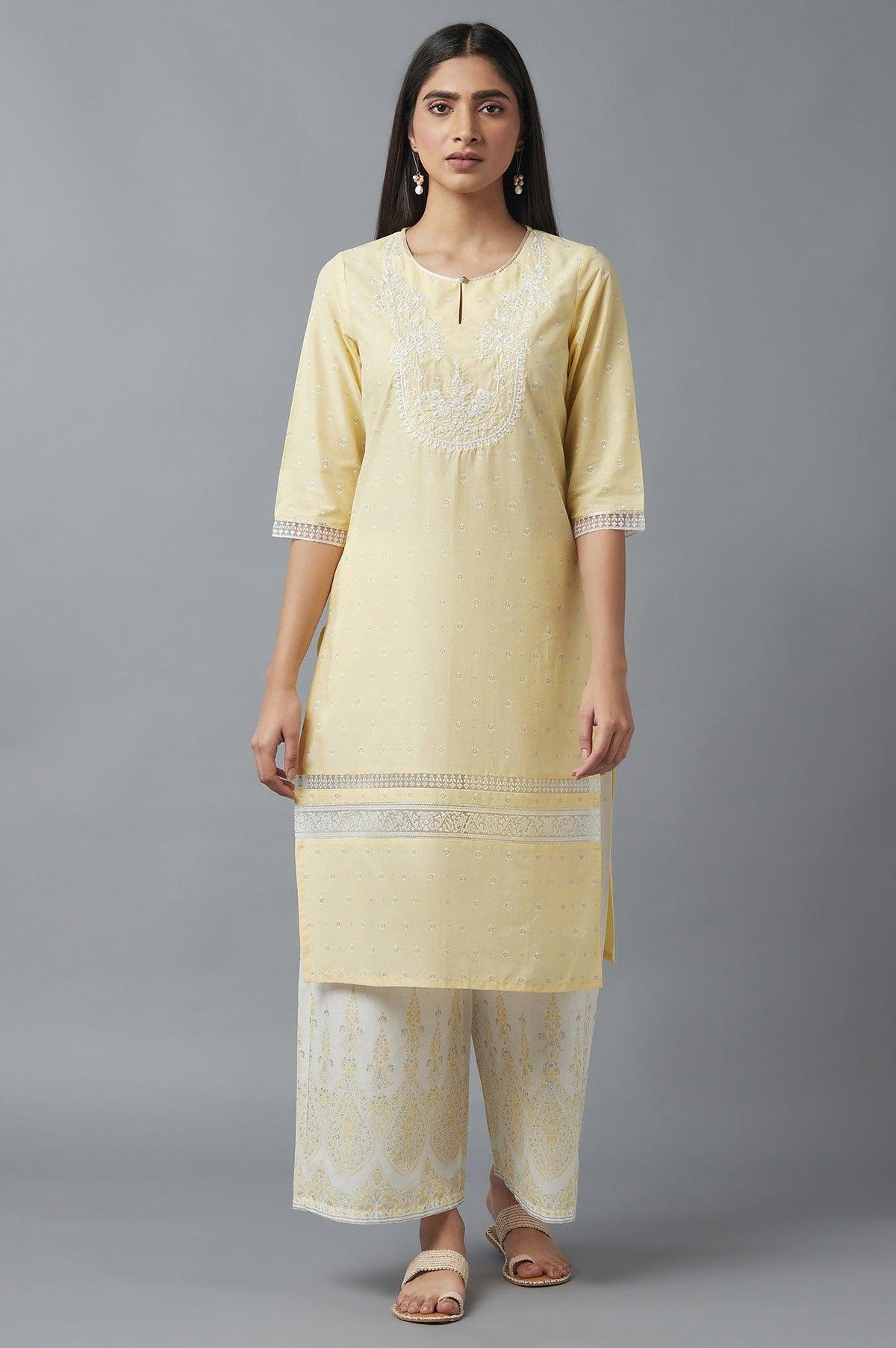Yellow Embroidered kurta with Brasso Panels - XS