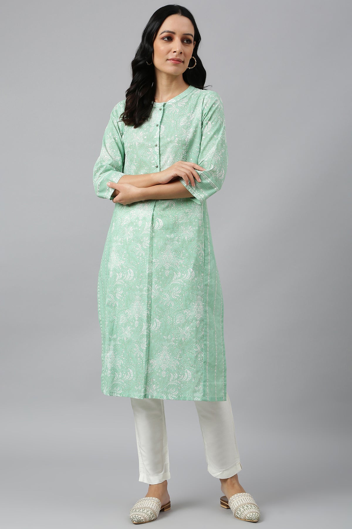 Light Green Floral Printed Button Down kurta - XS