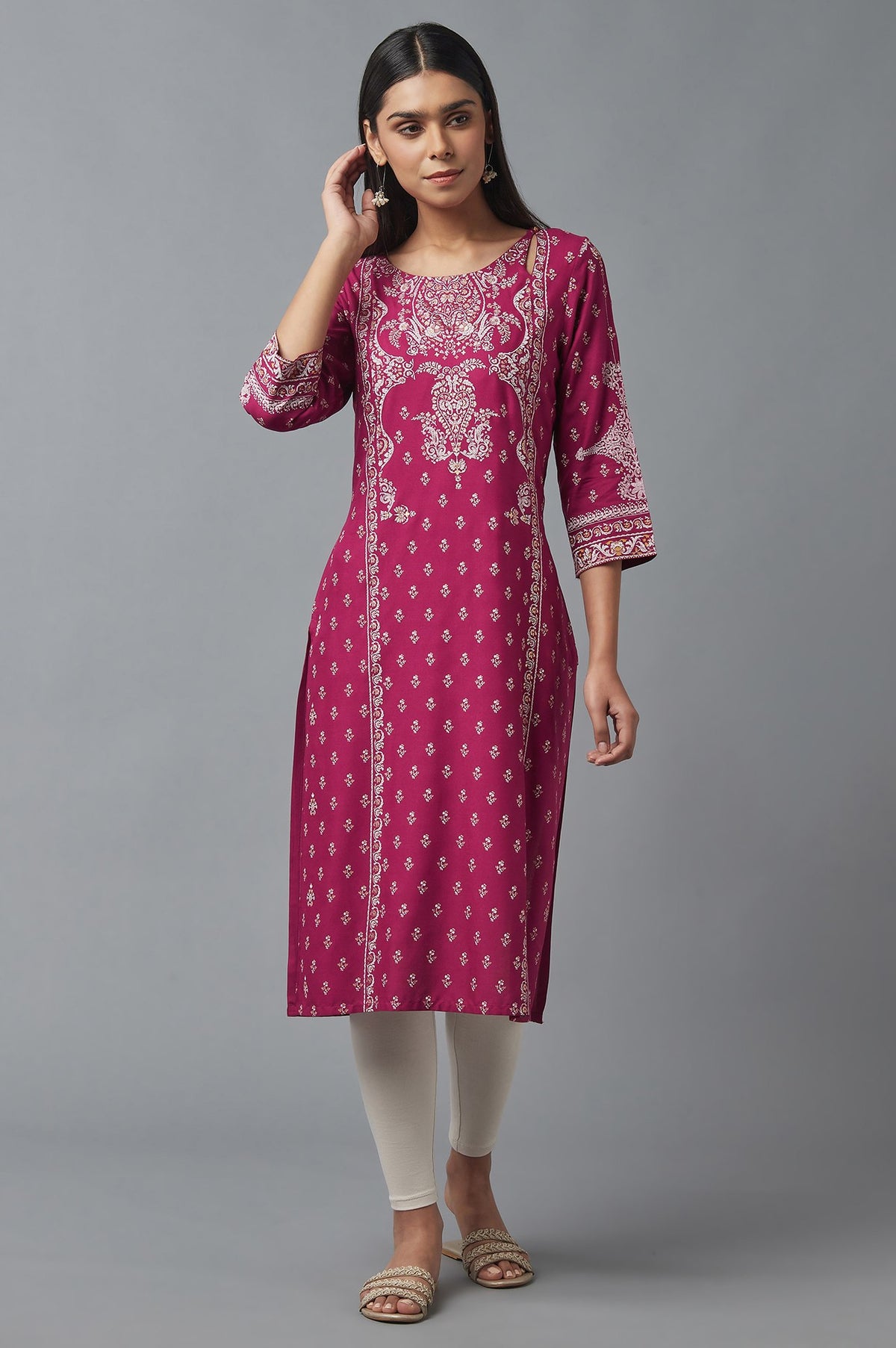 Dark Pink Printed Rayon kurta - XS