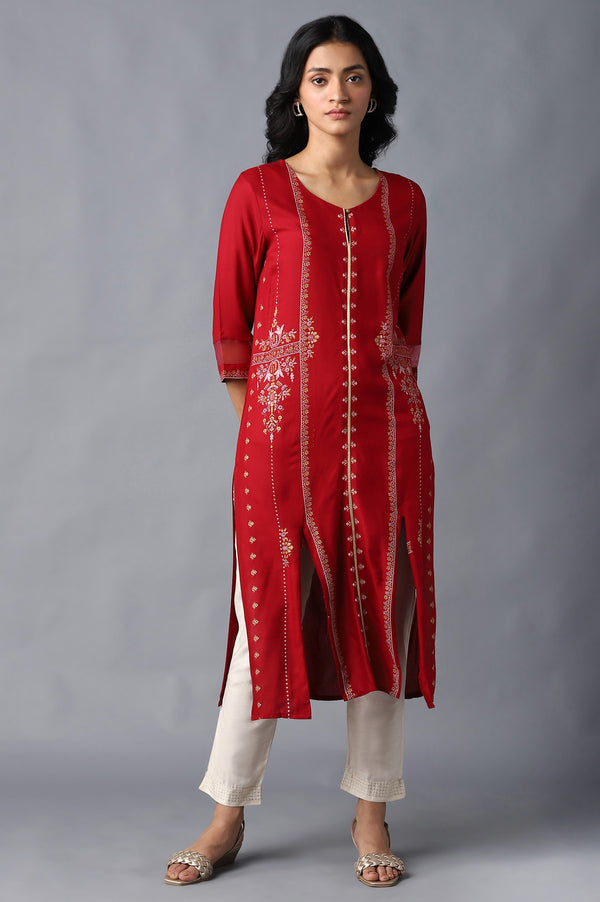 Crimson Red Cotton Straight Printed Kurta