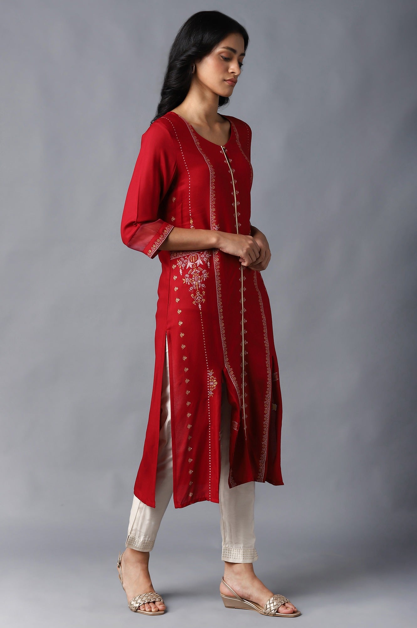 Crimson Red Cotton Straight Printed Kurta