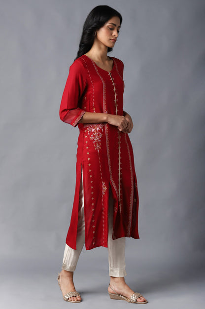 Crimson Red Cotton Straight Printed Kurta