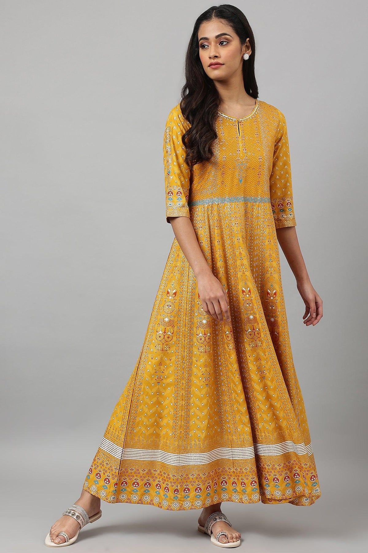 Mustard Floral Printed Kalidar Dress - XS