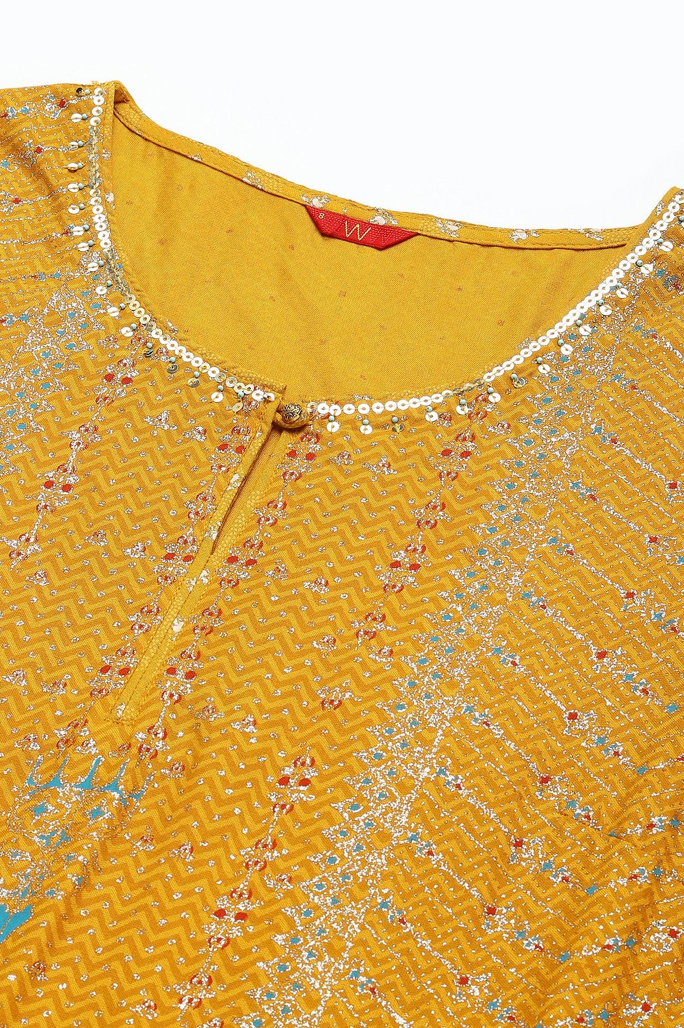 Mustard Floral Printed Kalidar Dress - wforwoman