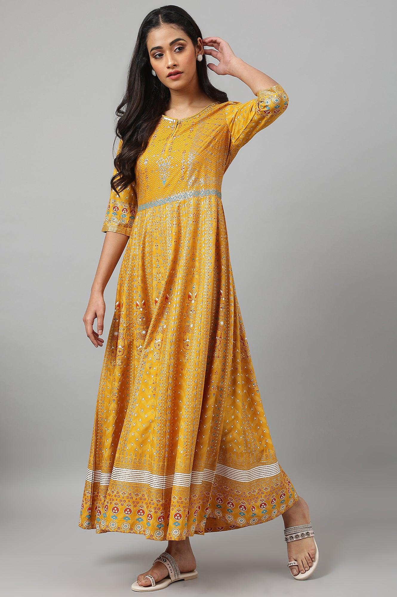 Mustard Floral Printed Kalidar Dress - wforwoman